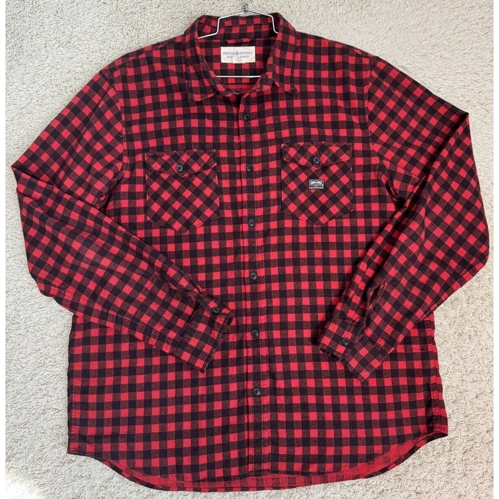 Denim & Supply Ralph Lauren Mens Flannel Shirt Red Black Check Button Up Size XL
